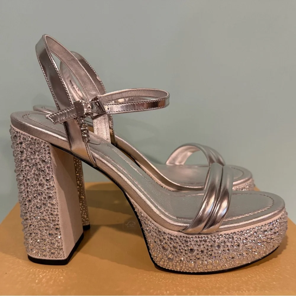 Michael Kors Silver Platform Sandals with Crystal Embellished Heels